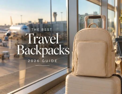 BÉIS travel backpack on a carry-on suitcase by an airport window, with the text The Best Travel Backpacks 2026 Guide