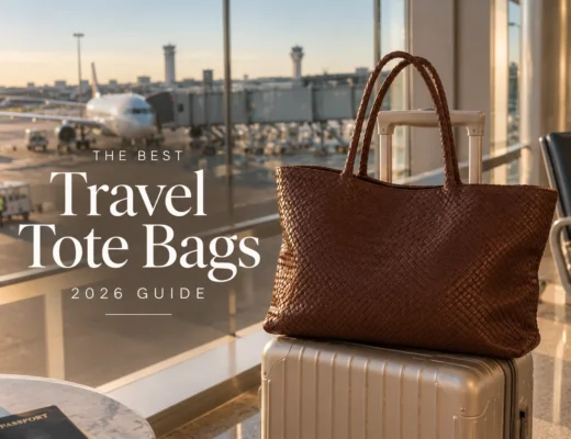 Brown woven leather tote bag on a carry-on suitcase by an airport window, with the text The Best Travel Tote Bags 2026 Guide