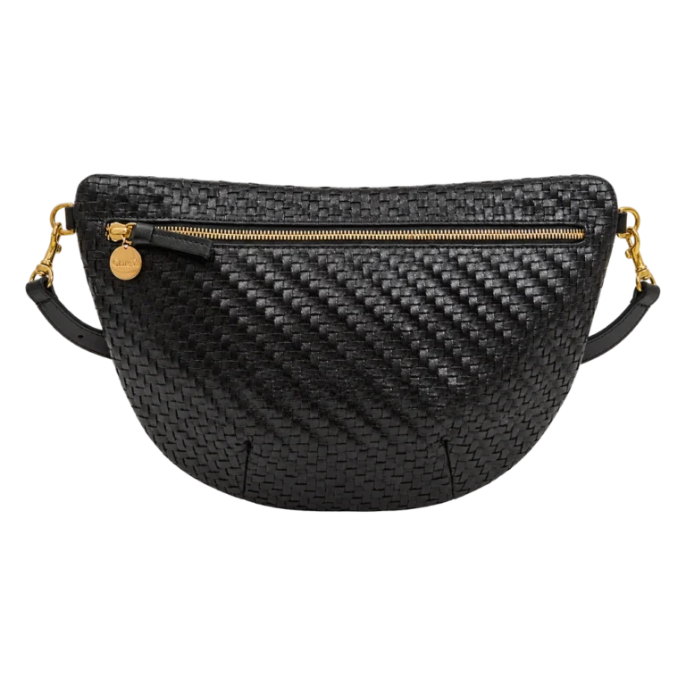 CLARE V. Grande Fanny Bag in black handwoven leather with gold zipper