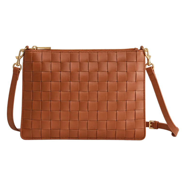 CLARE V. Midi Sac Bag in cognac woven leather with crossbody strap