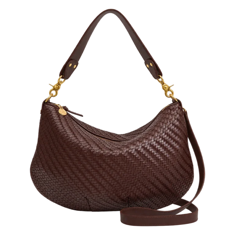 CLARE V. Moyen Messenger Bag in chocolate brown handwoven leather