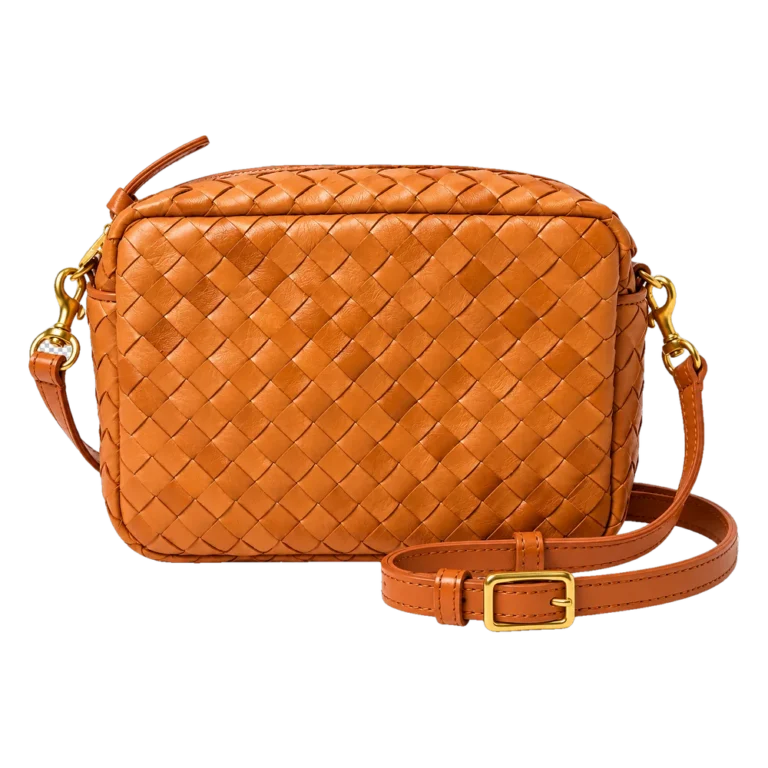 Juno Handwoven Crossbody in tan woven leather with adjustable strap
