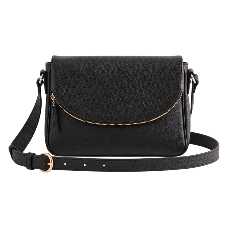 Quince Italian Leather Foldover Crossbody in black pebbled leather