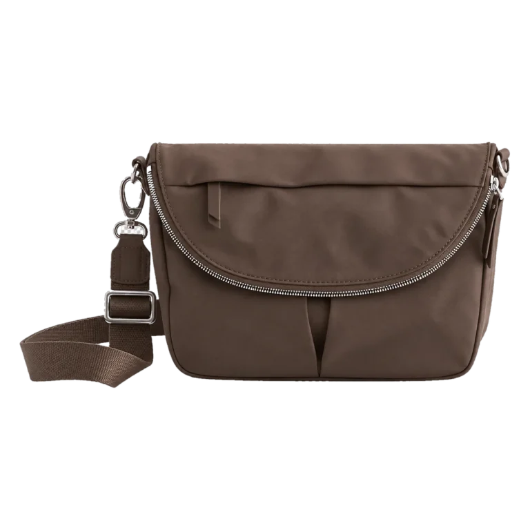 Quince Revive Nylon Foldover Crossbody Bag in brown nylon with zip front pocket